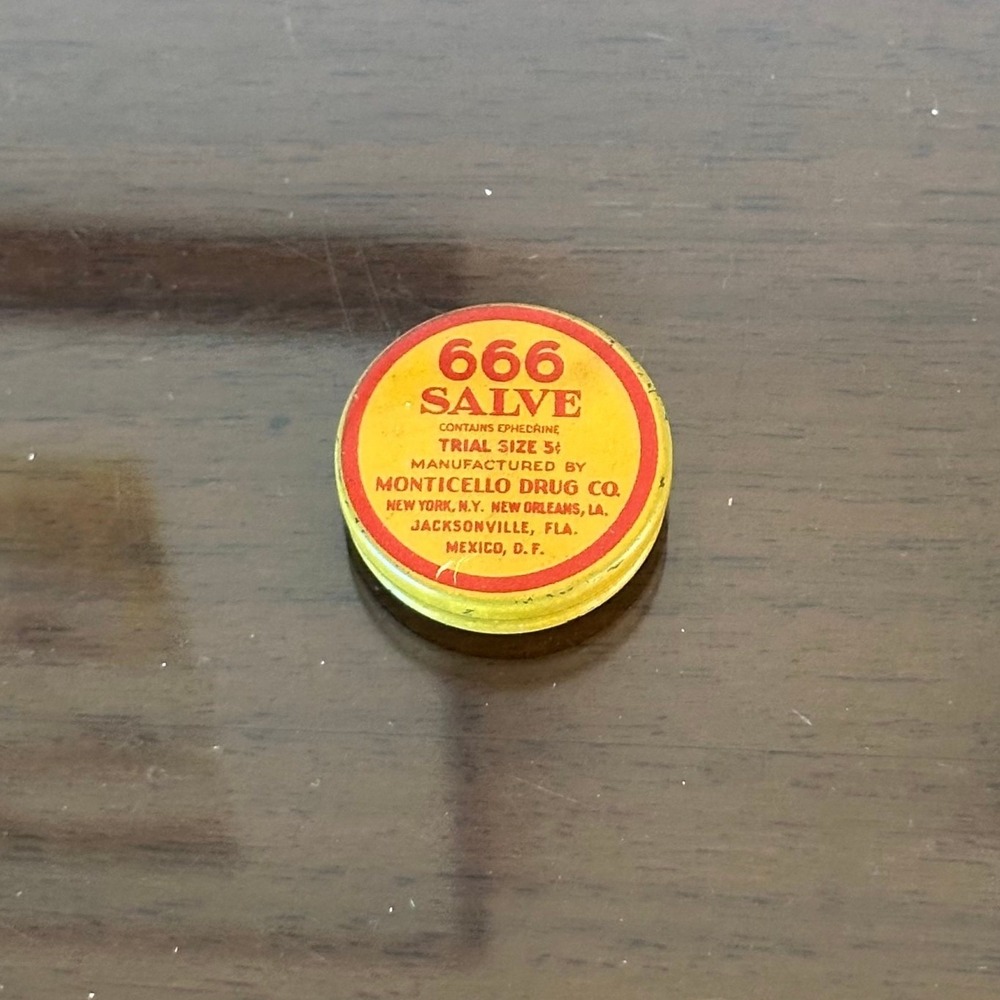 Vintage 666 Salve Tin Monticello Drug Co Trial Size Apothecary Collectible EMPTY